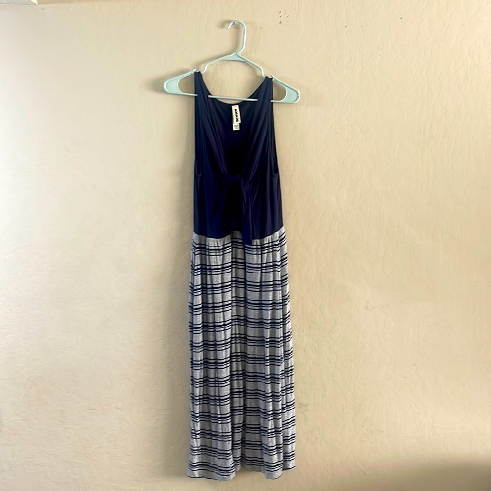 AMADI striped dress from Anthropologie with tie front on top